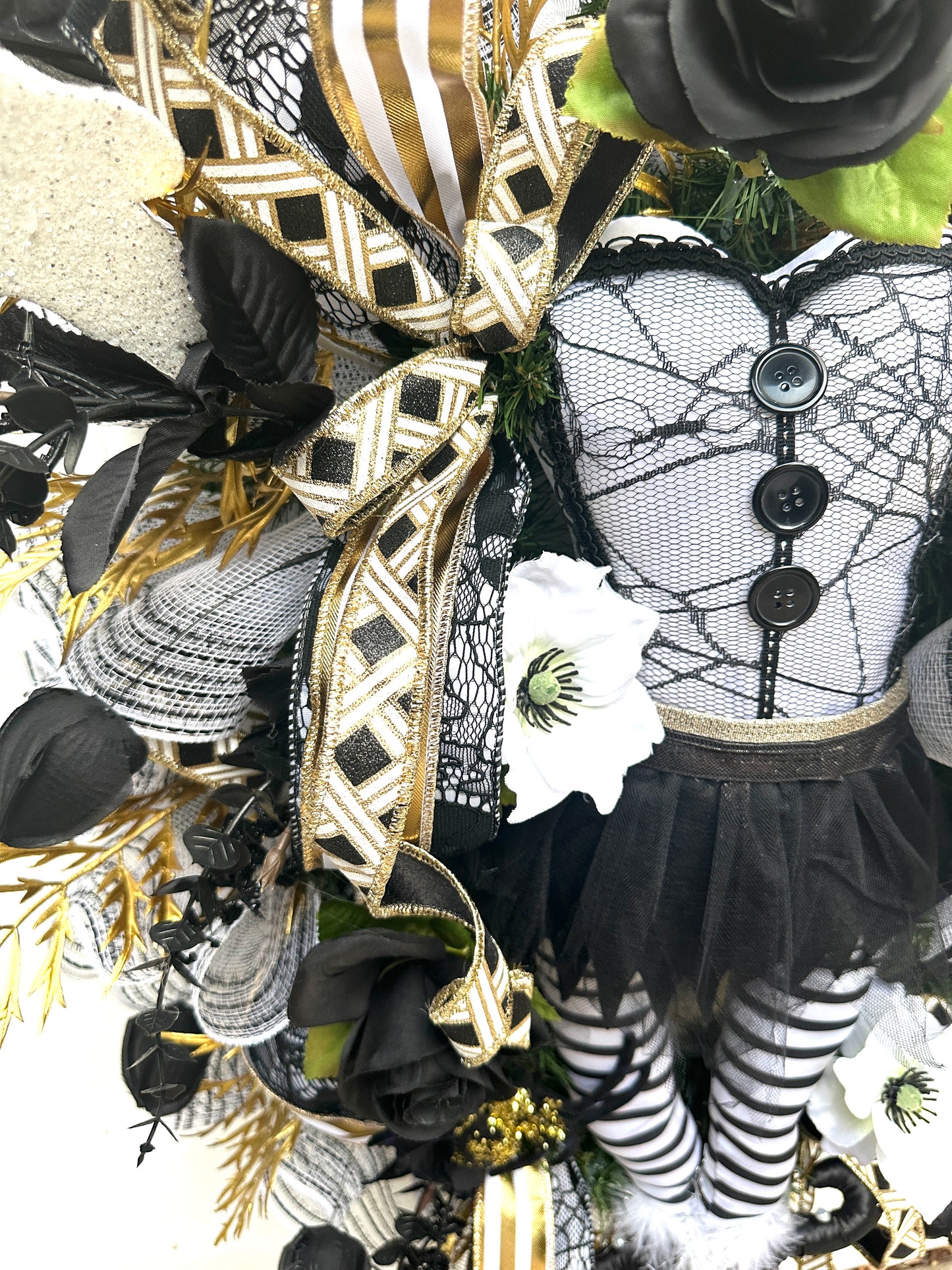 Halloween Wreath – Black & Gold Glam Decor with Ghosts, Spiders & Full Witch Torso