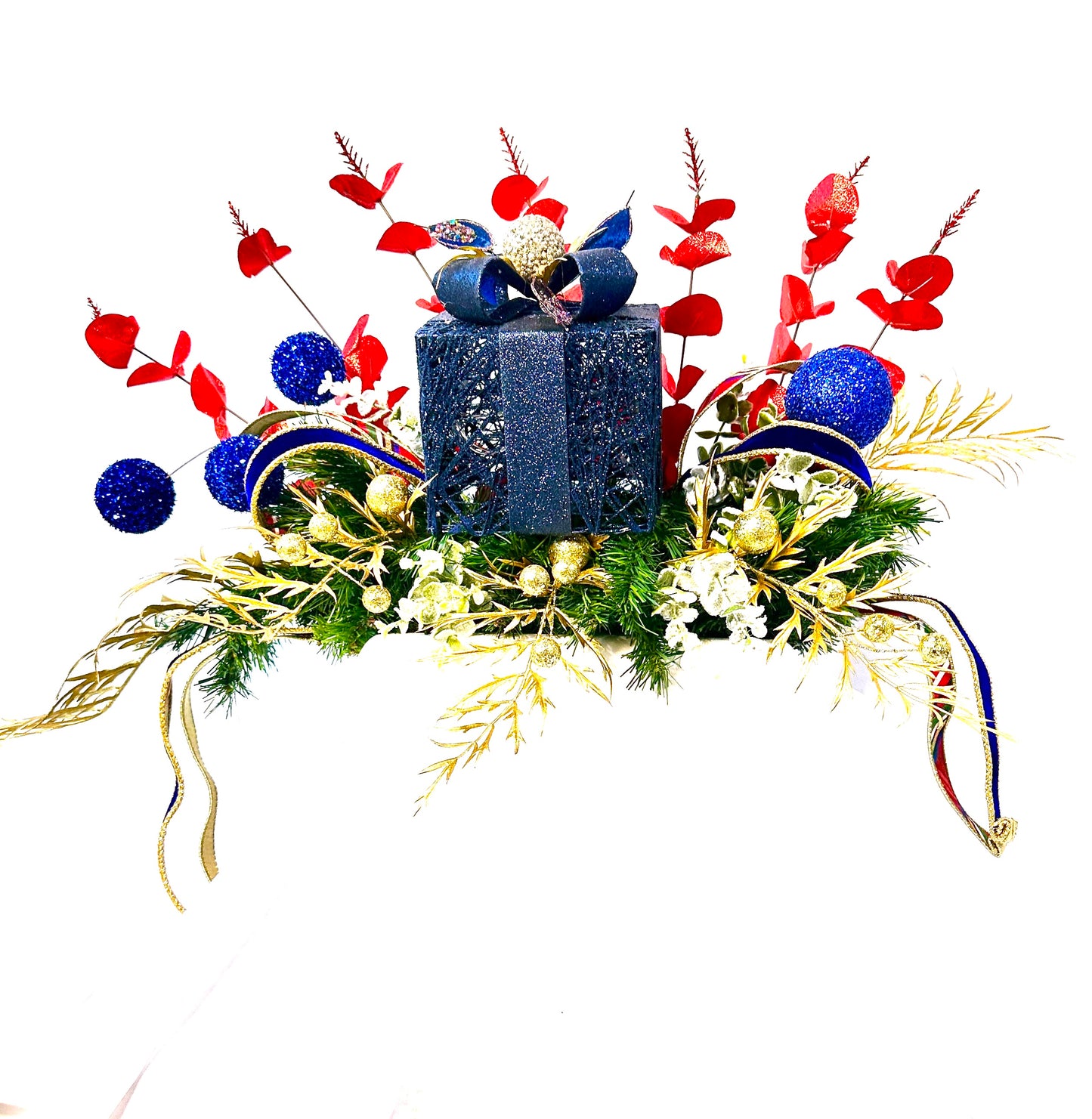3-Piece Christmas Mantle Decor Set – No-Hang Holiday Centerpiece with Gift Box & Nutcracker Hat in Red, Blue, and Gold