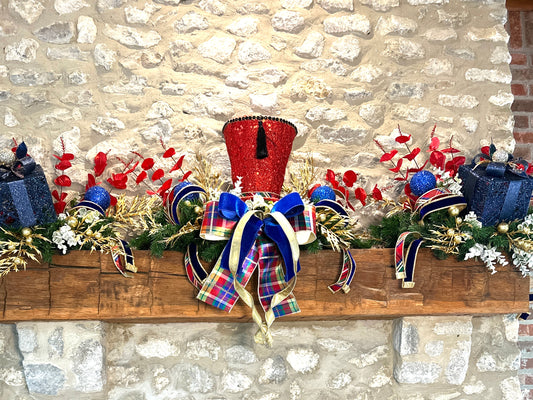 3-Piece Christmas Mantle Decor Set – No-Hang Holiday Centerpiece with Gift Box & Nutcracker Hat in Red, Blue, and Gold