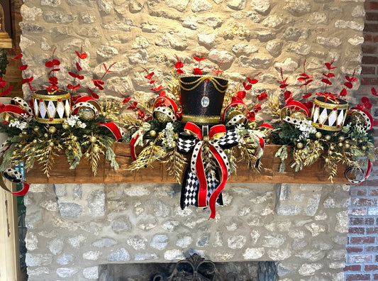 3 piece Nutcracker Christmas Mantle Decor Set.  No hang Holiday Set with Nutcracker Hat and Drums