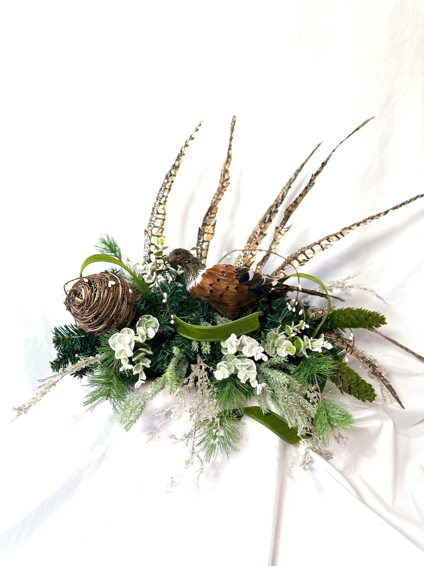 Winter Woodland Mantle Decor Set with Lighted Church, Pheasants & Animal Print Bow | Frosted Greenery 3-Piece Fireplace Arrangement