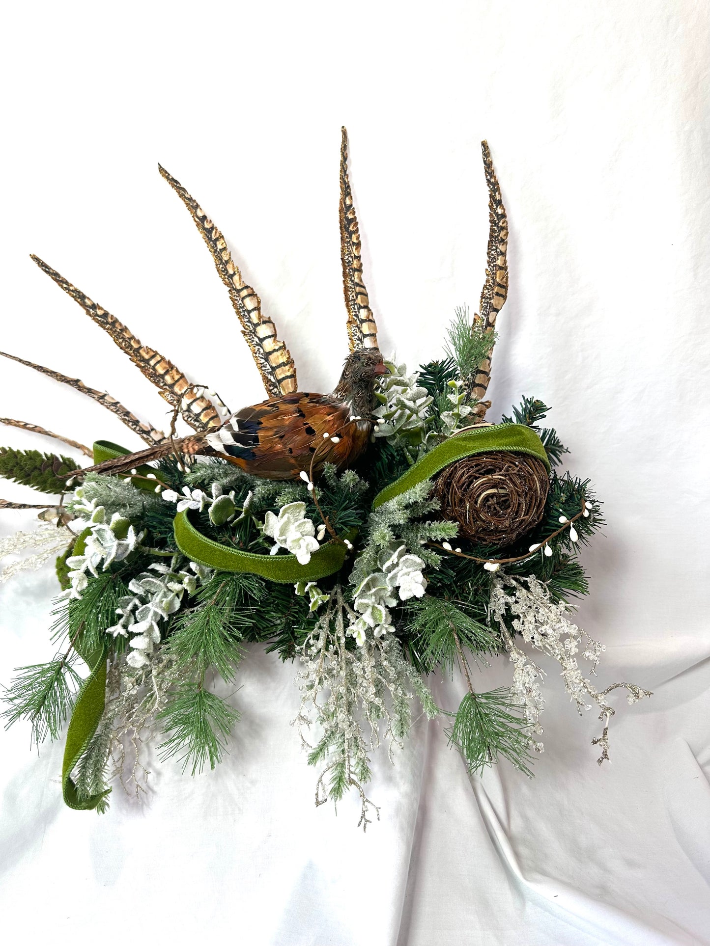 Winter Woodland Mantle Decor Set with Lighted Church, Pheasants & Animal Print Bow | Frosted Greenery 3-Piece Fireplace Arrangement