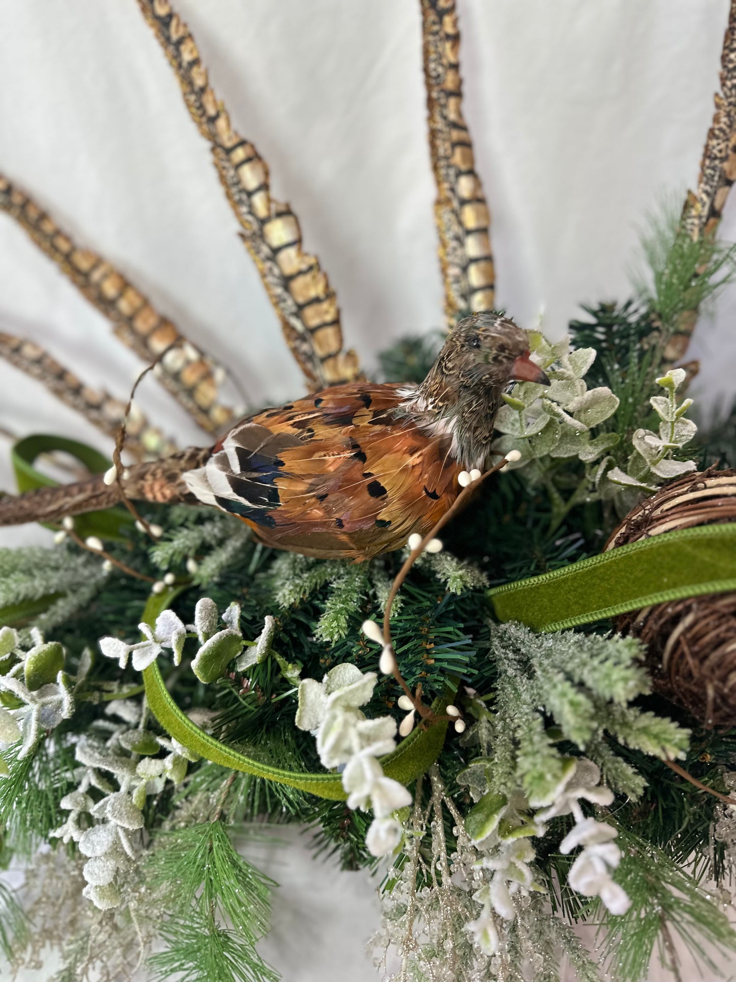 Winter Woodland Mantle Decor Set with Lighted Church, Pheasants & Animal Print Bow | Frosted Greenery 3-Piece Fireplace Arrangement
