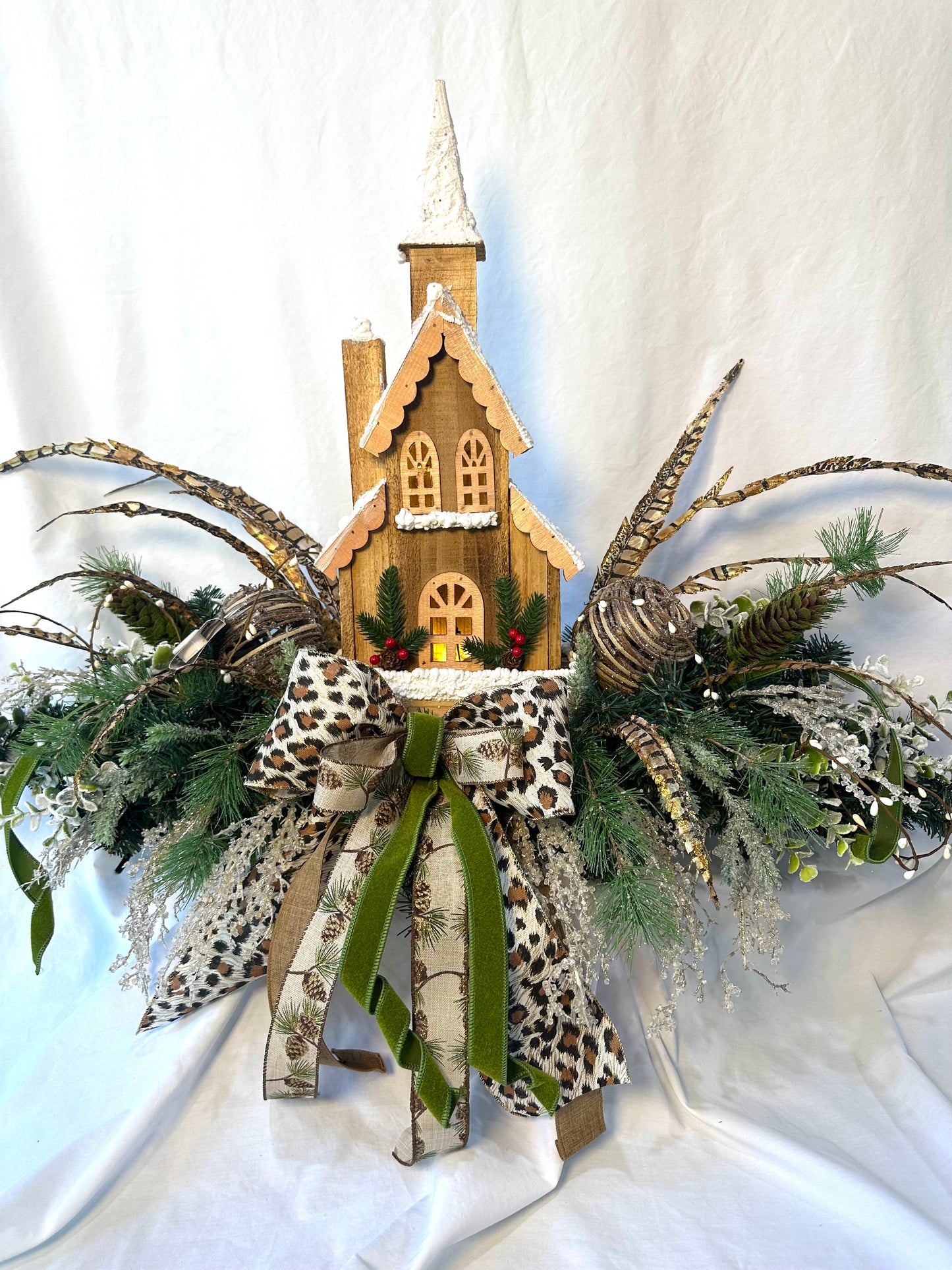 Winter Woodland Mantle Decor Set with Lighted Church, Pheasants & Animal Print Bow | Frosted Greenery 3-Piece Fireplace Arrangement