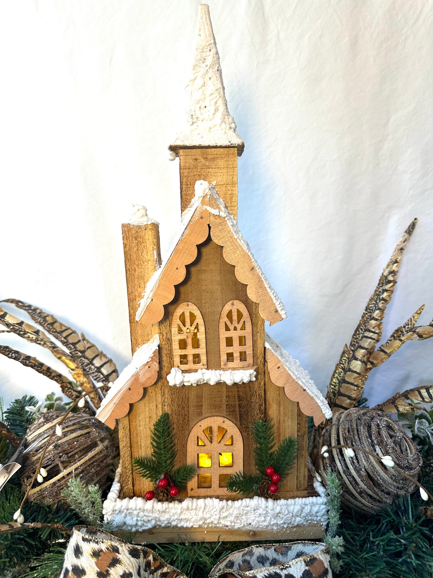 Winter Woodland Mantle Decor Set with Lighted Church, Pheasants & Animal Print Bow | Frosted Greenery 3-Piece Fireplace Arrangement