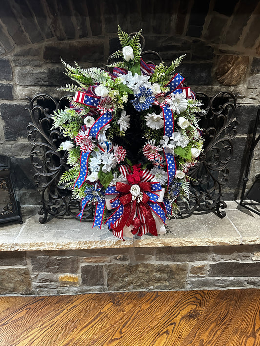 Patriotic Wreath & 3-Piece Mantel Decor Bundle, Red White Blue