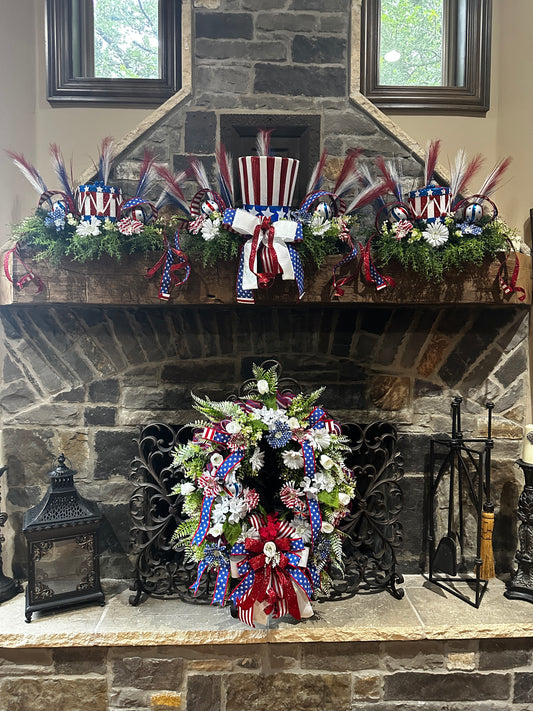 Patriotic Wreath & 3-Piece Mantel Decor Bundle, Red White Blue