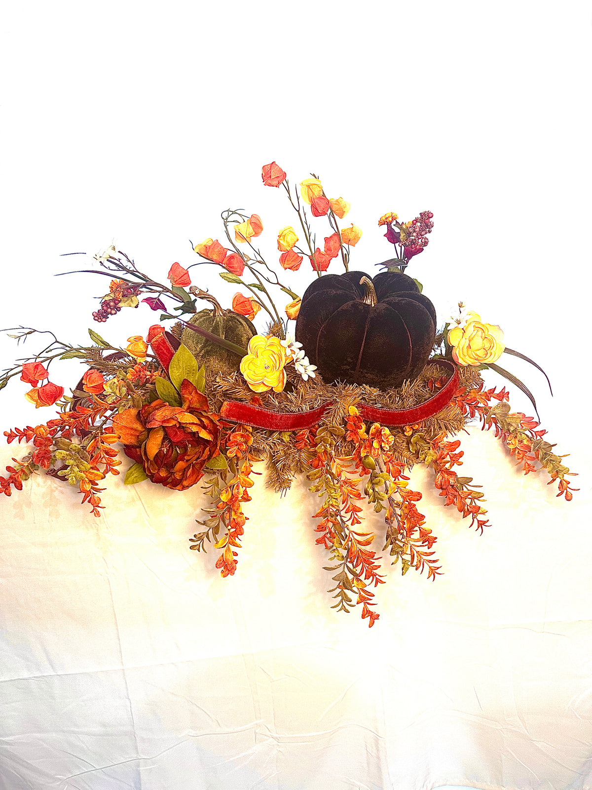 Autumn Velvet Pumpkin Mantel Arrangement, 77" Fall Decor