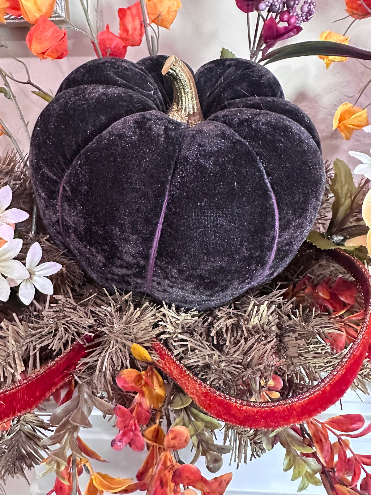 Autumn Velvet Pumpkin Mantel Arrangement, 77" Fall Decor