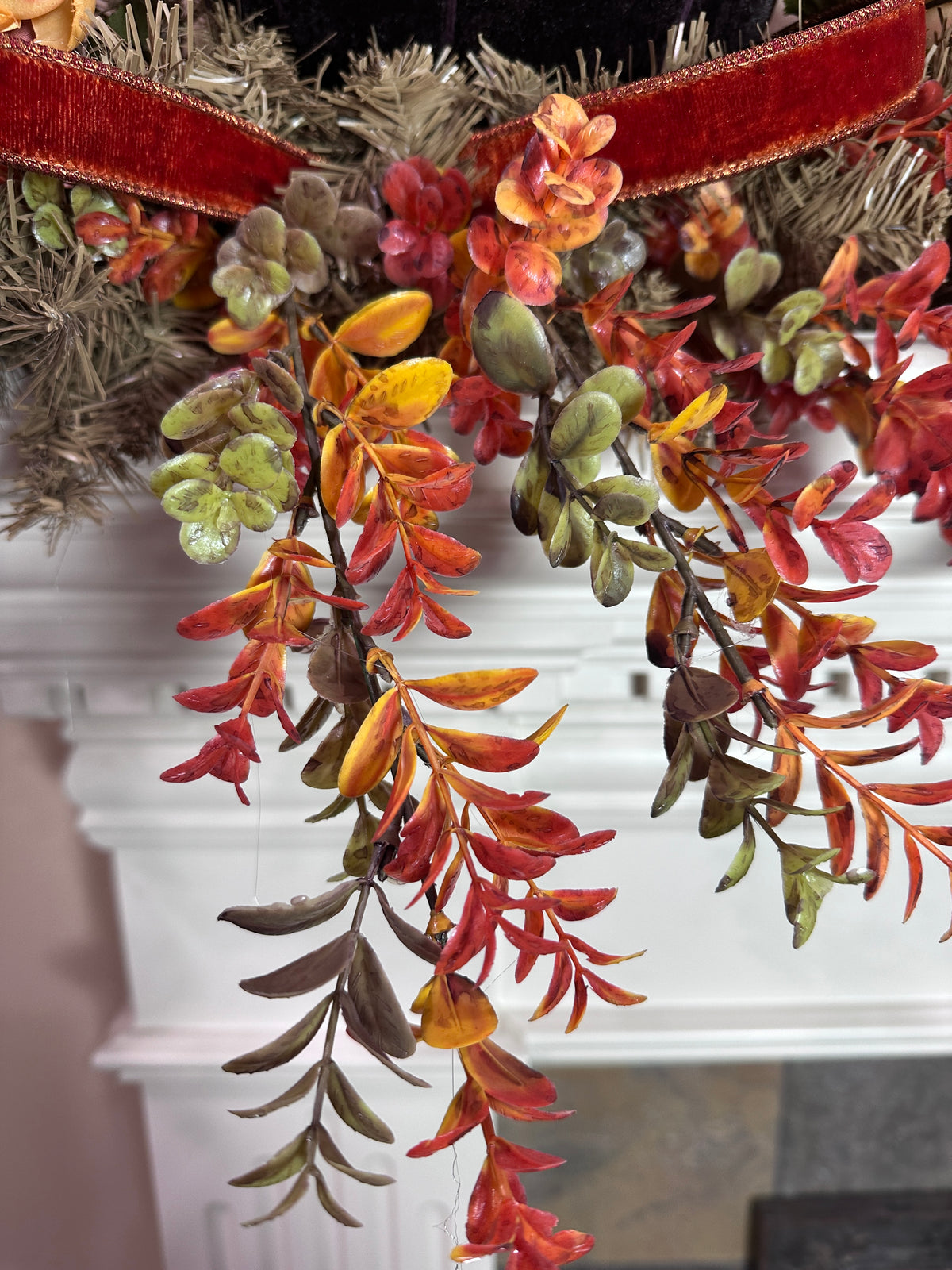 Autumn Velvet Pumpkin Mantel Arrangement, 77" Fall Decor