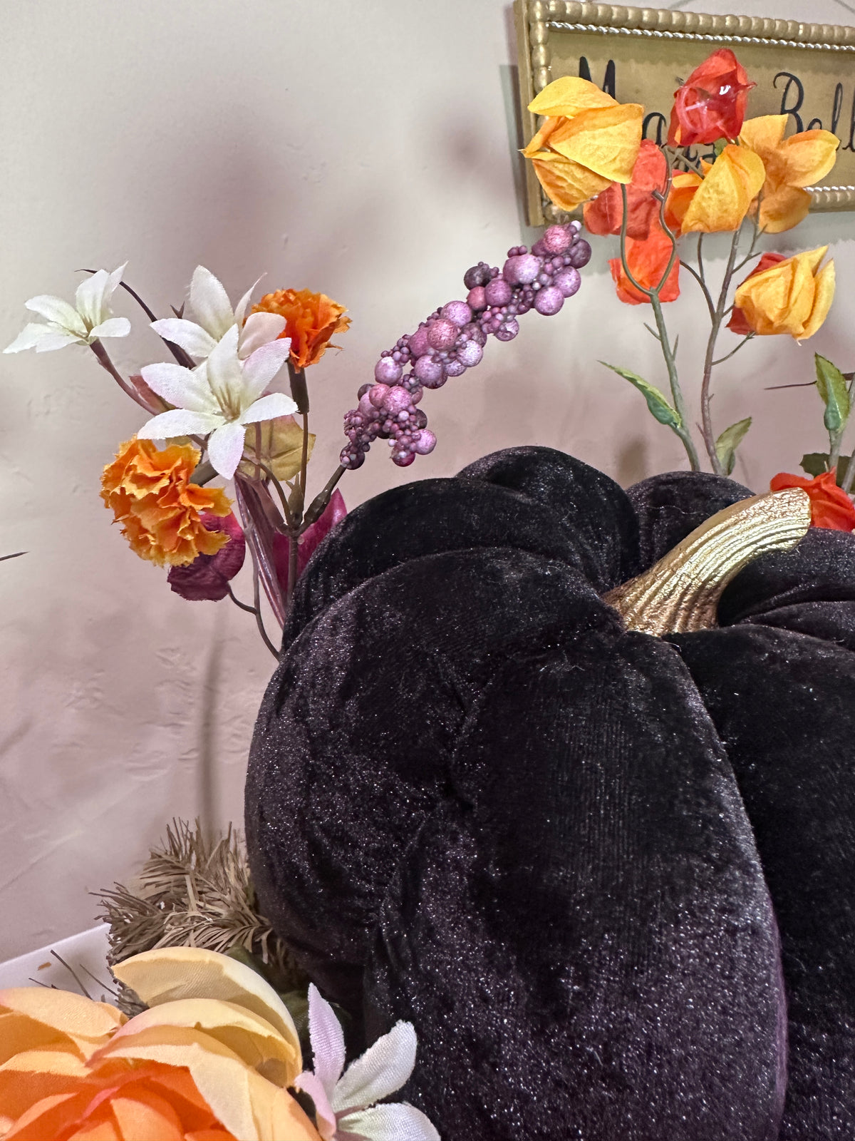 Autumn Velvet Pumpkin Mantel Arrangement, 77" Fall Decor