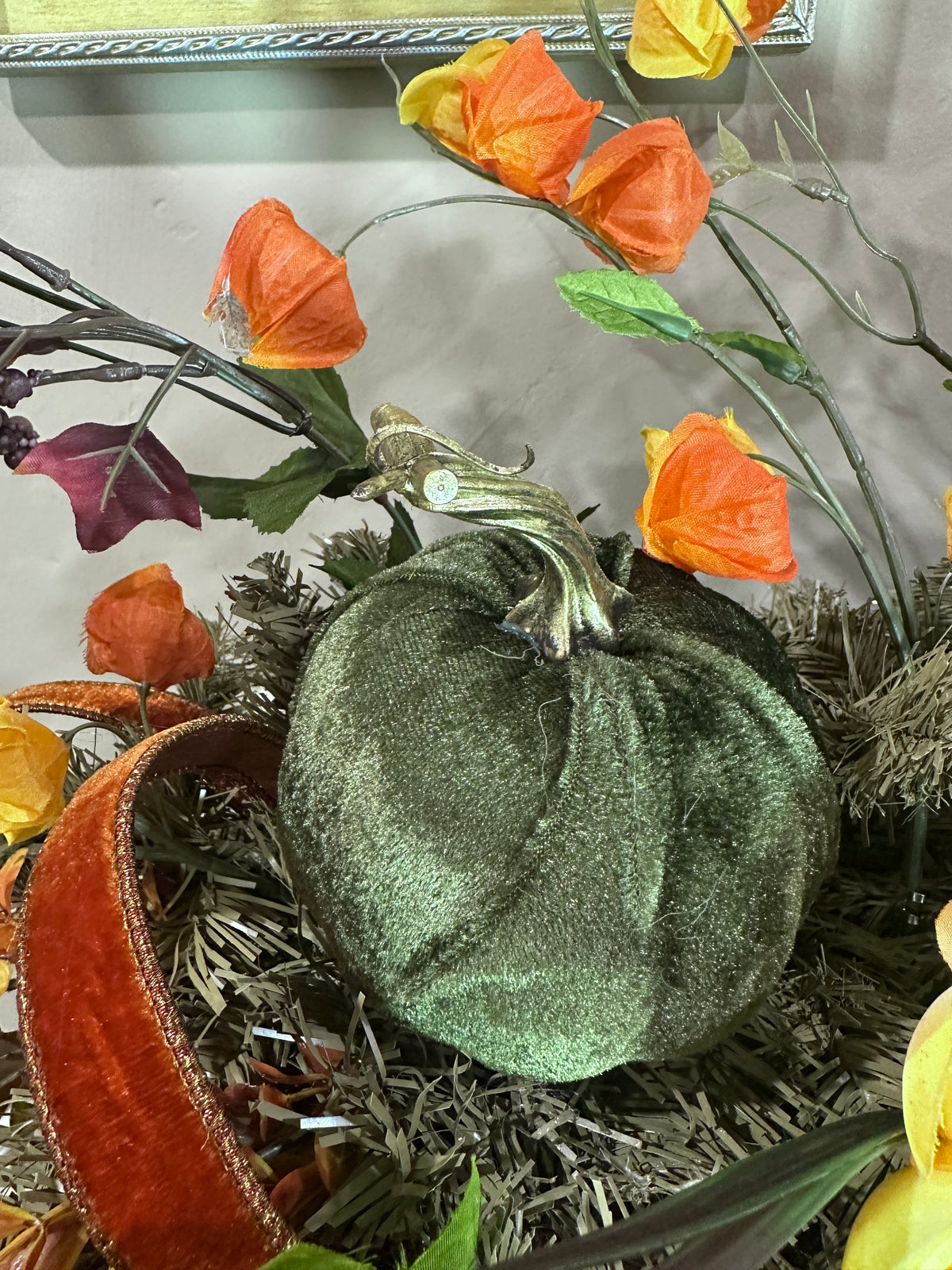 Autumn Velvet Pumpkin Mantel Arrangement, 77" Fall Decor