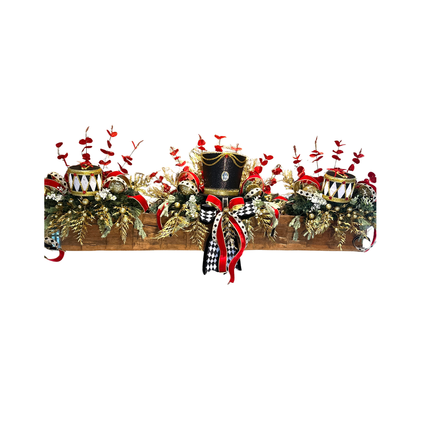 3 piece Nutcracker Christmas Mantle Decor Set.  No hang Holiday Set with Nutcracker Hat and Drums