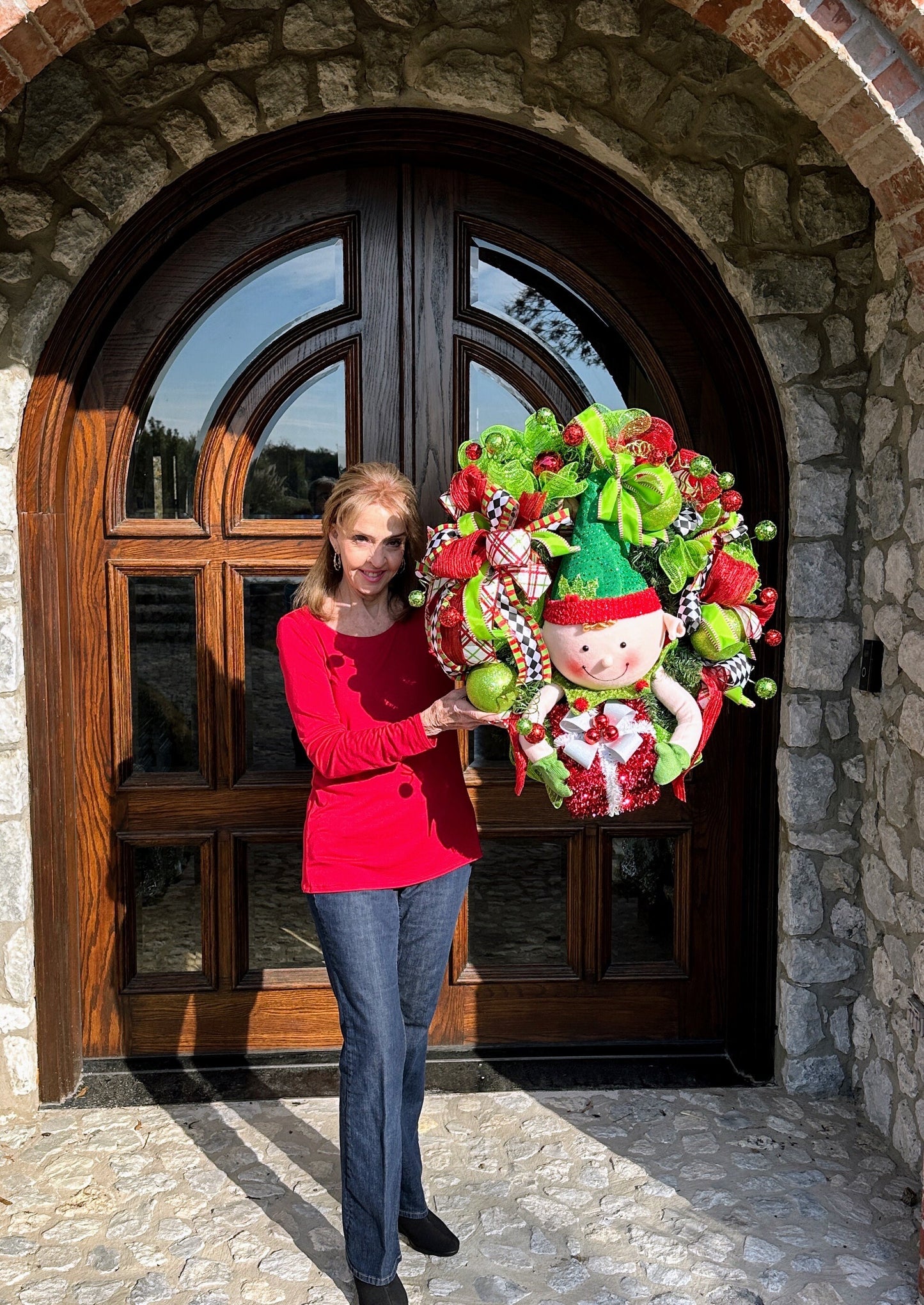 Whimsical Red and Green Christmas elf wreath perfect for front door, porch door, gift  or juvenile with 4 ribbon bow with harlequin accents.