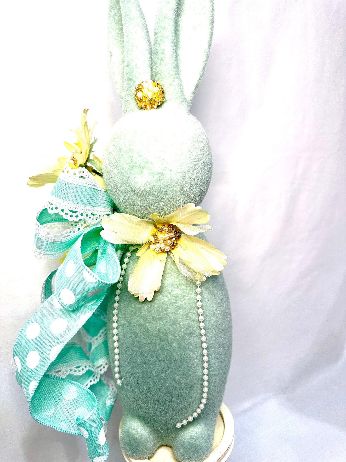 Flocked Fancy Lady Easter Bunny Decoration with Jewels & Pearls is perfect for Easter Mantle or Table Decor or as a Friend Gift for Spring.