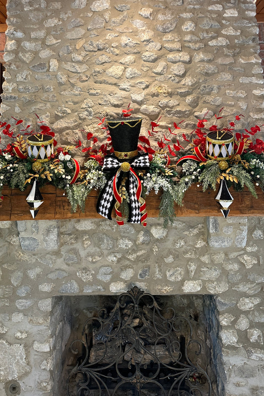 3 piece traditional nutcracker christmas mantle decor with designer harlequin ribbon, nutcracker hat, christmas ornaments, velvet ribbon and drums. (Copy) (Copy)