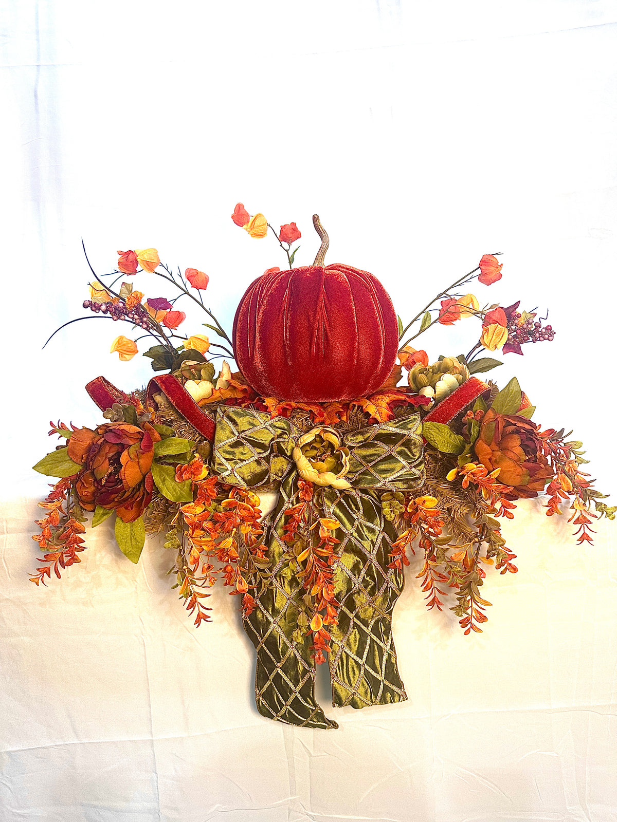 Autumn Velvet Pumpkin Mantel Arrangement, 77" Fall Decor