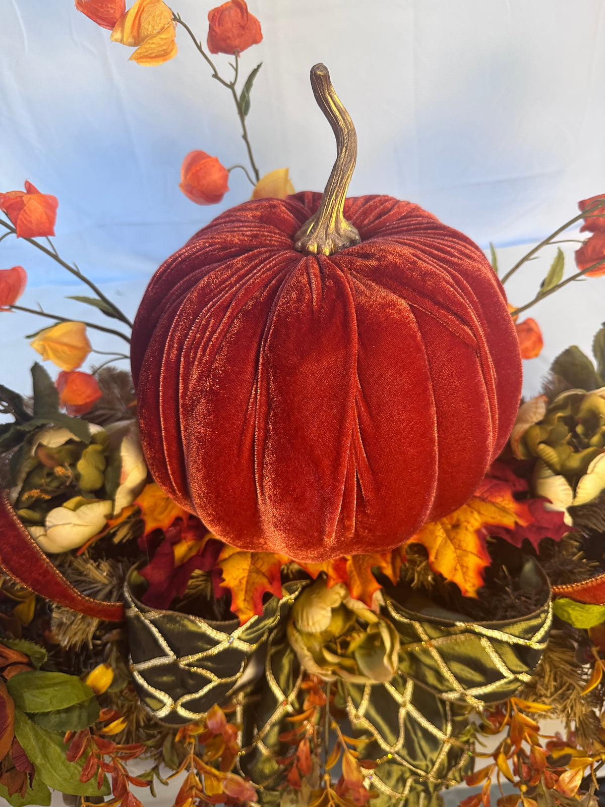 Autumn Velvet Pumpkin Mantel Arrangement, 77" Fall Decor