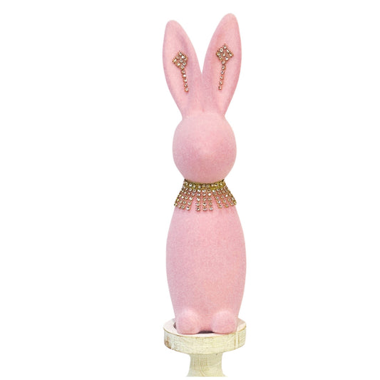 Welcome spring with this charming flocked pink 16" Easter bunny with a rhinestone necklace and earrings. Perfect for Easter your decor.