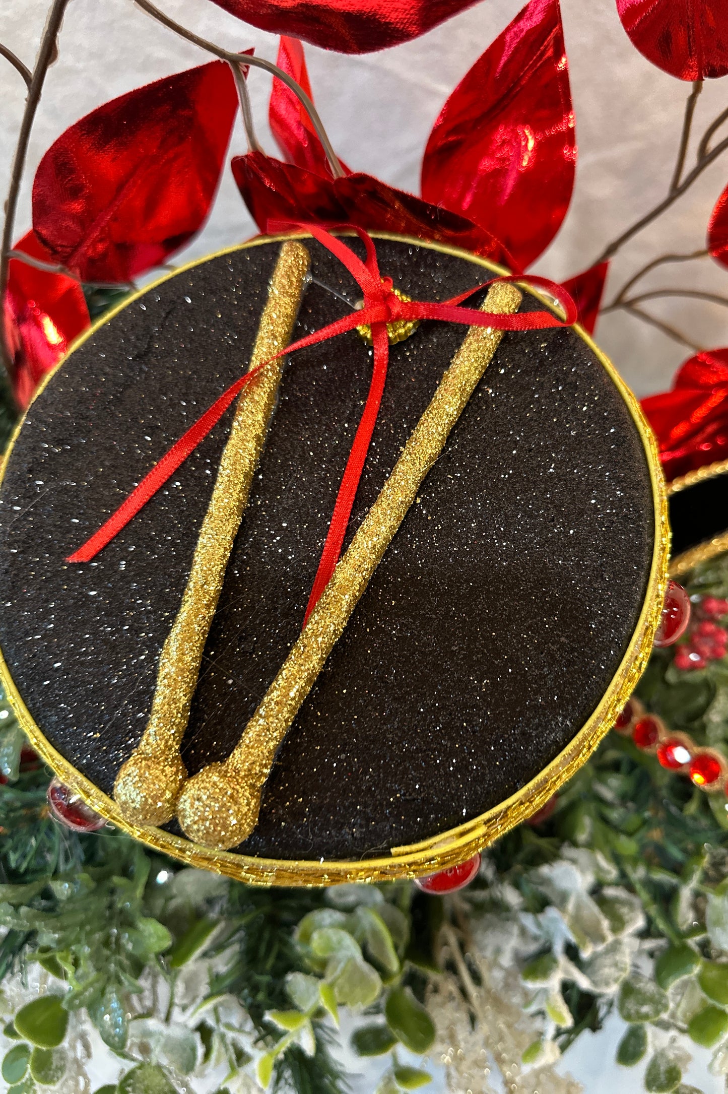 3 Piece No Hang Black, Red and White Nutcracker Christmas Mantle Decor with Harlequin Ribbon, Nutcracker Jeweled Hat & Nutcracker Drums