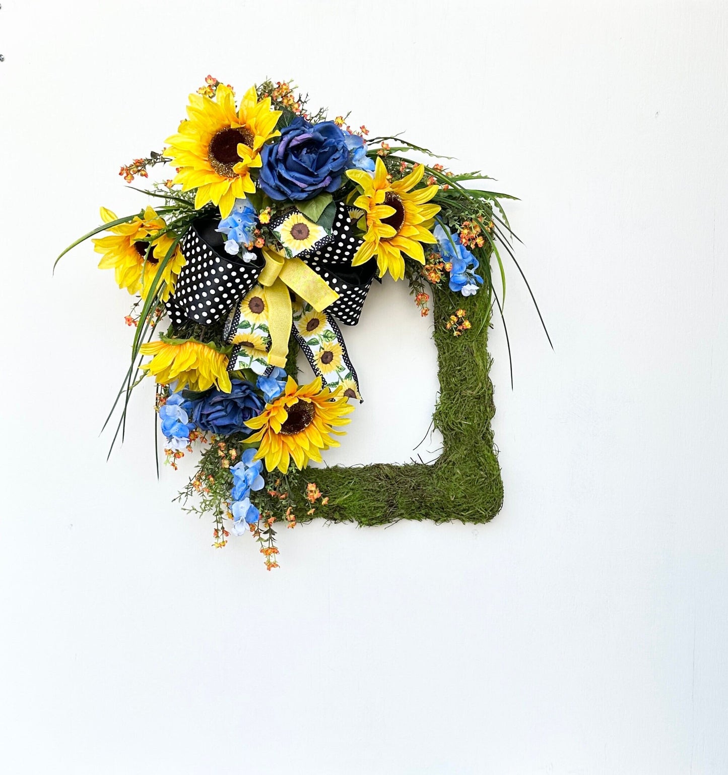 This Large Square Sunflower  Moss Front Door Wreath is a Cheerful Welcome or Greeting for  Spring, Summer or Everyday Porch Decor.