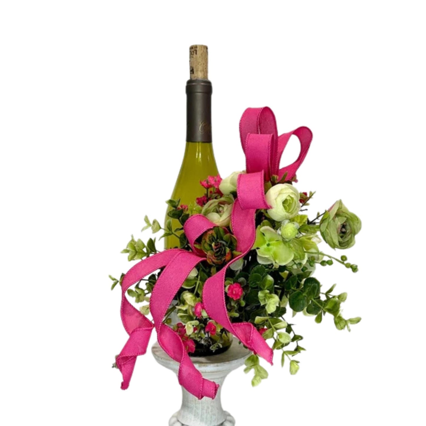 Romantic floral wine bottle bouquet for hostess gift, housewarming, party idea, client gift, Christmas gift or wine accessory.