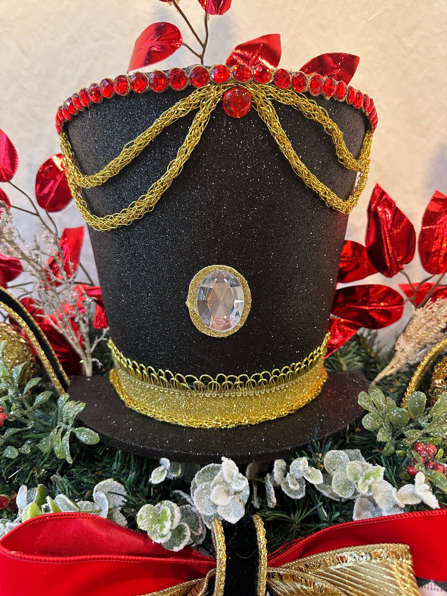 3 Piece No Hang Black, Red and White Nutcracker Christmas Mantle Decor with Harlequin Ribbon, Nutcracker Jeweled Hat & Nutcracker Drums