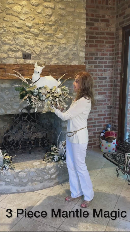 Elegant 3-Piece Christmas Mantle Set — Silver, Gold & Black Holiday Decor with White Deer | No Nails Required