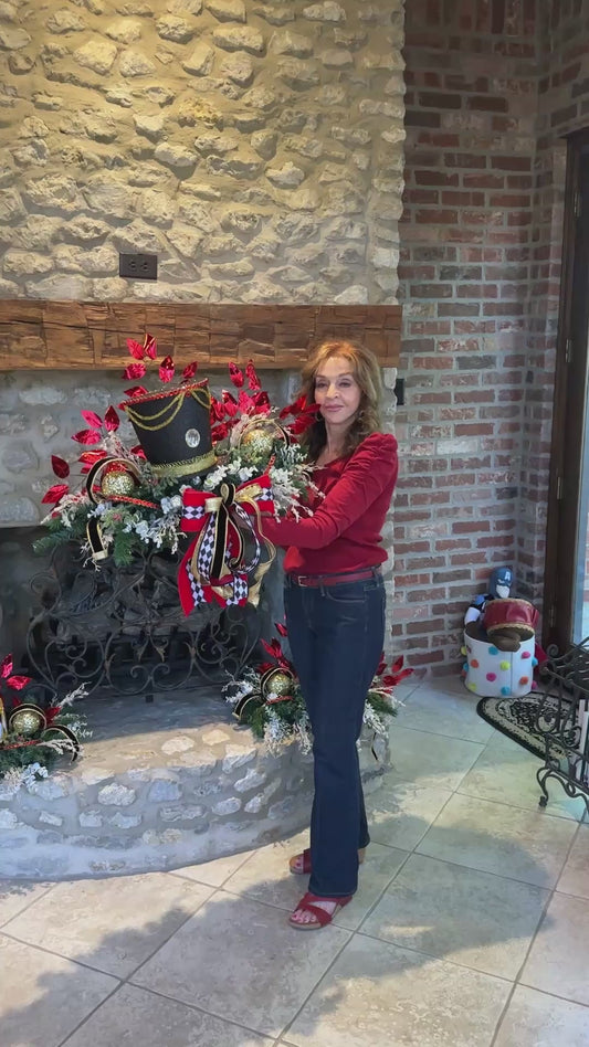 3 Piece No Hang Black, Red and White Nutcracker Christmas Mantle Decor with Harlequin Ribbon, Nutcracker Jeweled Hat & Nutcracker Drums