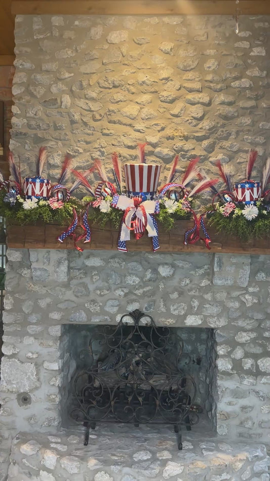 Patriotic Mantel Decor Set – 3-Piece Uncle Sam Hat & Drum