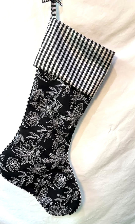 Black & White Christmas Stocking Jacquard Holly Pattern | Buffalo Check Cuff | Modern Farmhouse Holiday Decor -8 Available