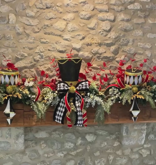 3 piece traditional nutcracker christmas mantle decor with designer harlequin ribbon, nutcracker hat, christmas ornaments, velvet ribbon and drums. (Copy) (Copy)