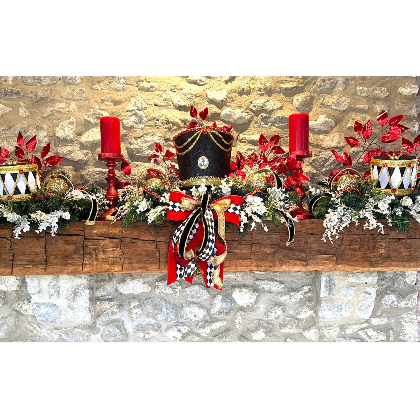 3 Piece No Hang Black, Red and White Nutcracker Christmas Mantle Decor with Harlequin Ribbon, Nutcracker Jeweled Hat & Nutcracker Drums