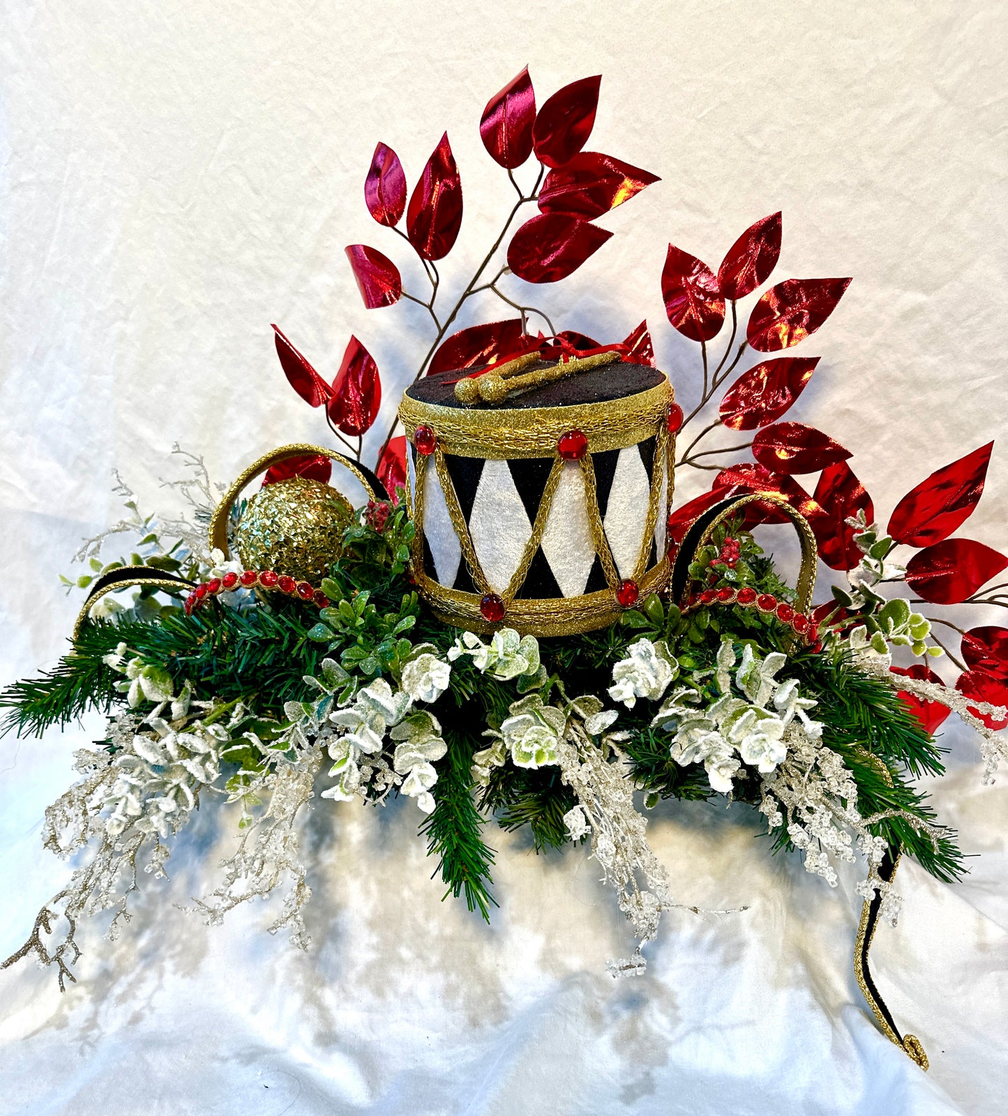 3 Piece No Hang Black, Red and White Nutcracker Christmas Mantle Decor with Harlequin Ribbon, Nutcracker Jeweled Hat & Nutcracker Drums