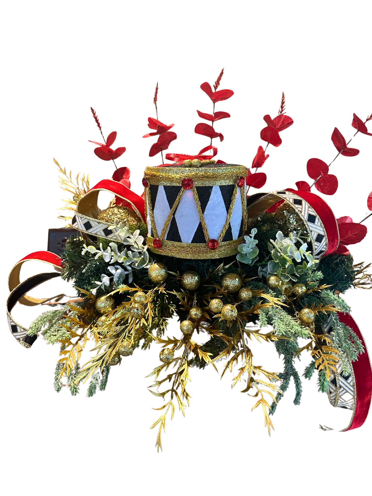 3 piece Nutcracker Christmas Mantle Decor Set.  No hang Holiday Set with Nutcracker Hat and Drums