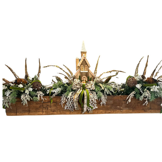 Winter Woodland Mantle Decor Set with Lighted Church, Pheasants & Animal Print Bow | Frosted Greenery 3-Piece Fireplace Arrangement